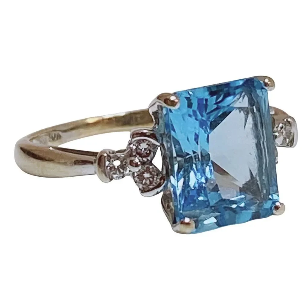 10k 10KT Karat Fine Solid White Gold Blue Topaz & Diamond Ring Women’s 6.5